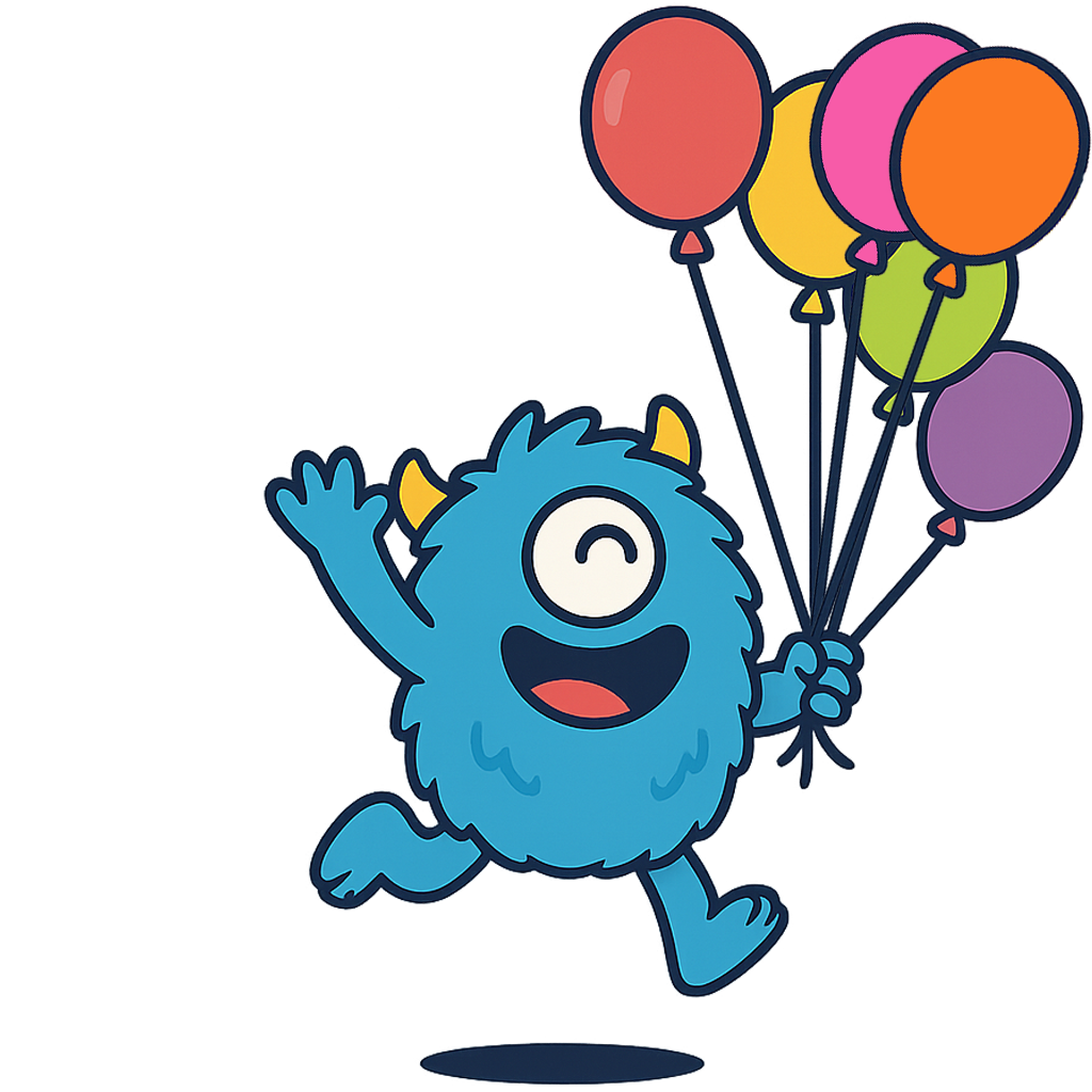 A friendly monster holding 6 balloons