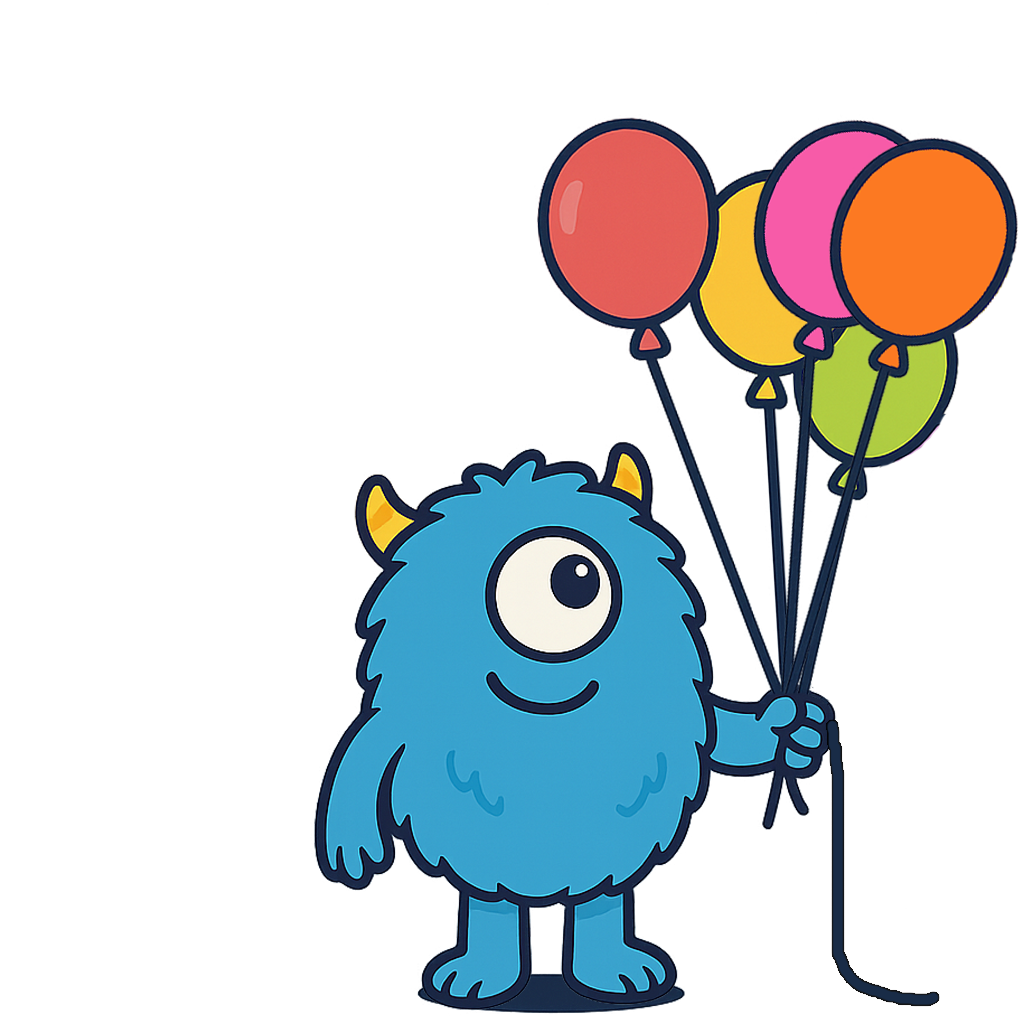 A friendly monster holding 5 balloons