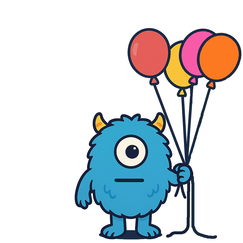A friendly monster holding 4 balloons