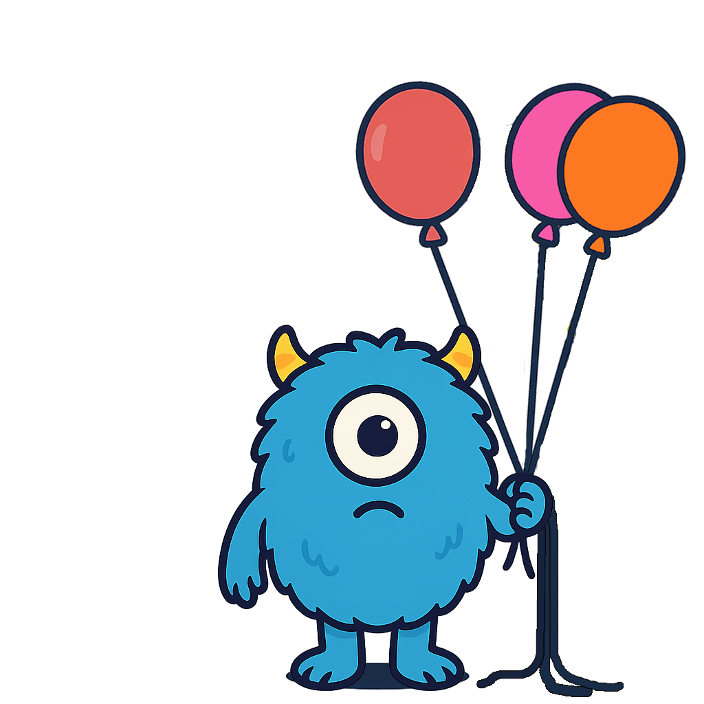 A friendly monster holding 3 balloons