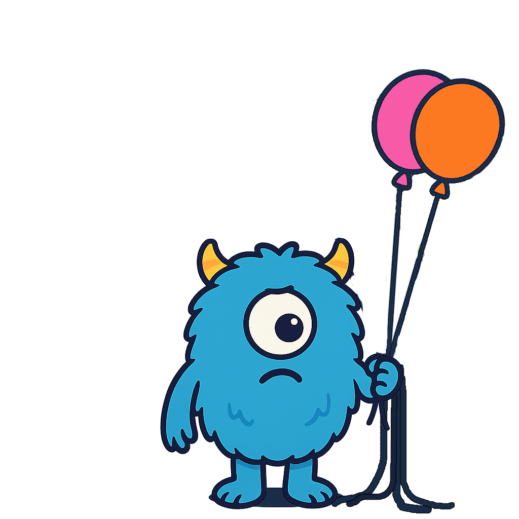 A friendly monster holding 2 balloons